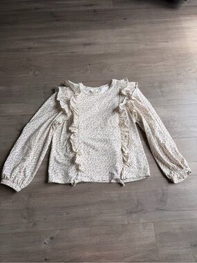 By Anthropologie Cream Floral Ruffle Long-Sleeve Blouse - size medium